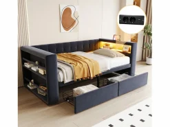 Merax Sofá cama tapizado - 90 x 190 cm - con LED + enchufe + 2 cajones + estante - Franela - oscuro Gris Outlet