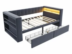 Merax Sofá cama tapizado - 90 x 190 cm - con LED + enchufe + 2 cajones + estante - Franela - oscuro Gris Outlet