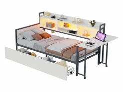 ModernLuxe Cama Diván|Sofá cama 90x200 cm - con iluminación LED - con 2 cajones - toma de corriente - escritorio plegable - (colchón no incluido)