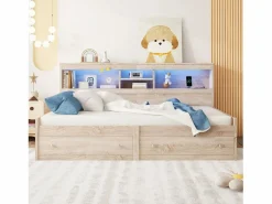 ModernLuxe Sofá cama 90x200 cm - con toma USB y 2 cajones - somier de láminas - Natural Color natural claro Outlet