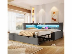 ModernLuxe Sofá cama 90x200 cm (180 x 200 cm) - con cama nido - con USB + Type-C - con iluminación LED - ​ (colchón no incluido) Gris Best