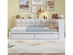 OKWISH sofá cama 140x200 cm con 2 cajones de almacenamiento y somier de láminas, blanca - sin colchón Blanco Sale