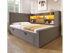 ModernLuxe Sofá cama 90x200cm - con cama nido - con iluminación LED y espacio de almacenamiento - con USB - tejido de lino - ​ (colchón no incluido) Gris Best