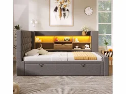 ModernLuxe Sofá cama 90x200cm - con cama nido - con iluminación LED y espacio de almacenamiento - con USB - tejido de lino - ​ (colchón no incluido) Gris Best