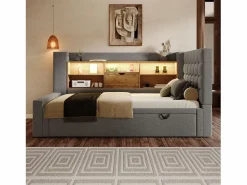 ModernLuxe Sofá cama 90x200cm - con cama nido - con iluminación LED y espacio de almacenamiento - con USB - tejido de lino - ​ (colchón no incluido) Gris Best