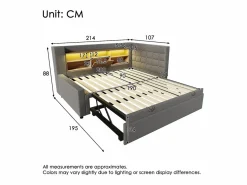 ModernLuxe Sofá cama 90x200cm - con cama nido - con iluminación LED y espacio de almacenamiento - con USB - tejido de lino - ​ (colchón no incluido) Gris Best
