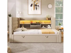 Sofá cama 90x200cm - con cama nido - con iluminación LED y espacio de almacenamiento - con USB - tejido de lino - ​ (colchón no incluido)^ModernLuxe Discount