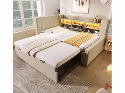 Sofá cama 90x200cm - con cama nido - con iluminación LED y espacio de almacenamiento - con USB - tejido de lino - ​ (colchón no incluido)^ModernLuxe Discount