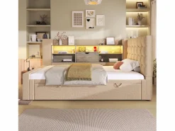 Sofá cama 90x200cm - con cama nido - con iluminación LED y espacio de almacenamiento - con USB - tejido de lino - ​ (colchón no incluido)^ModernLuxe Discount