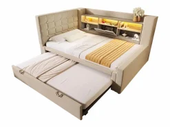 Sofá cama 90x200cm - con cama nido - con iluminación LED y espacio de almacenamiento - con USB - tejido de lino - ​ (colchón no incluido)^ModernLuxe Discount