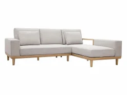 Miliboo Sofá Escandinavo|Sofá chaise longue a la derecha 5 plazas con almacenaje de tela texturizada efecto aterciopelado y madera clara KOMAO