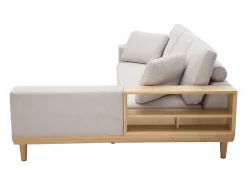 Miliboo Sofá Escandinavo|Sofá chaise longue a la derecha 5 plazas con almacenaje de tela texturizada efecto aterciopelado y madera clara KOMAO