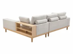 Miliboo Sofá Escandinavo|Sofá chaise longue a la derecha 5 plazas con almacenaje de tela texturizada efecto aterciopelado y madera clara KOMAO