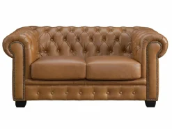 LINEA SOFA Sofá chesterfield 3+2 plazas 100% piel de búfalo Caramel vintage BRENTON Camel Outlet