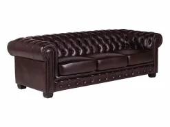 LINEA SOFA Sofá chesterfield de 4 plazas 100% piel rojo BRENTON Granate Sale