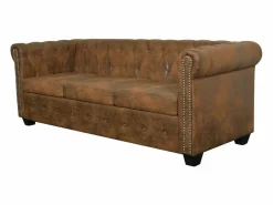 Sofá Chesterfield de 3 plazas cuero sintético marrón^Clicnbuy Online