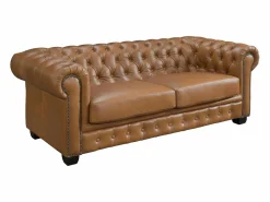 LINEA SOFA Sofá chesterfield de 3 plazas 100% piel de búfalo Caramel vintage BRENTON Camel Hot
