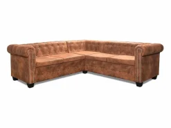 Clicnbuy Sofá Chesterfield de esquina 5 plazas de cuero artificial marrón Marru00f3n Discount