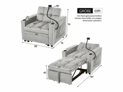 Sillón Cama|Sofá con bolsillo lateral y portavasos soporte móvil confort espuma y terciopelo ideal para apartamento antiguo y blanco