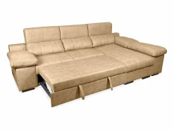 Sofá con Chaiselongue Reversible Color Piedra, Asientos Extensibles y Arcón, 291x160x104 cm, Tapizado en Tela Marru00f3n Clearance