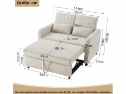 ModernLuxe Sofá - 2 Plazas|Sofá Cama|Sofá convertible doble 114 x 77 x 82.5 cm - respaldo ajustable en tres niveles - tejido de algodón y lino -