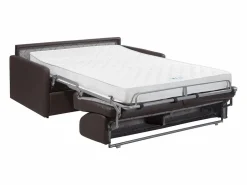 Vente-unique Sofás De Piel Sintética|Sofá convertible polipiel marrón asiento viscoelástico 140 cm lamas anchas 18 cm CALIFE