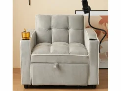 Sillón Cama|Sofá de 1 plaza - Sillón con portavasos y soporte para teléfono - terciopelo gris y blanco