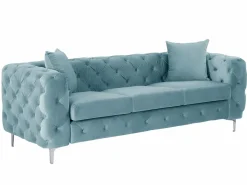 Vente-unique Sofás Chesterfield|Sofá de 3 plazas chéster de terciopelo azul pastel y patas de metal EDWINA