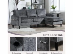 Merax Sofá de 4 plazas con reposapiés - 196,5 x 75 x 77 cm - con almacenaje + reposabrazos - terciopelo - Gris Hot