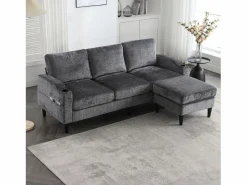 Merax Sofá de 4 plazas con reposapiés - 196,5 x 75 x 77 cm - con almacenaje + reposabrazos - terciopelo - Gris Hot