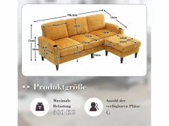 Sofá de 4 plazas con reposapiés - 196,5 x 75 x 77 cm - con almacenaje + reposabrazos - terciopelo -^Merax Best