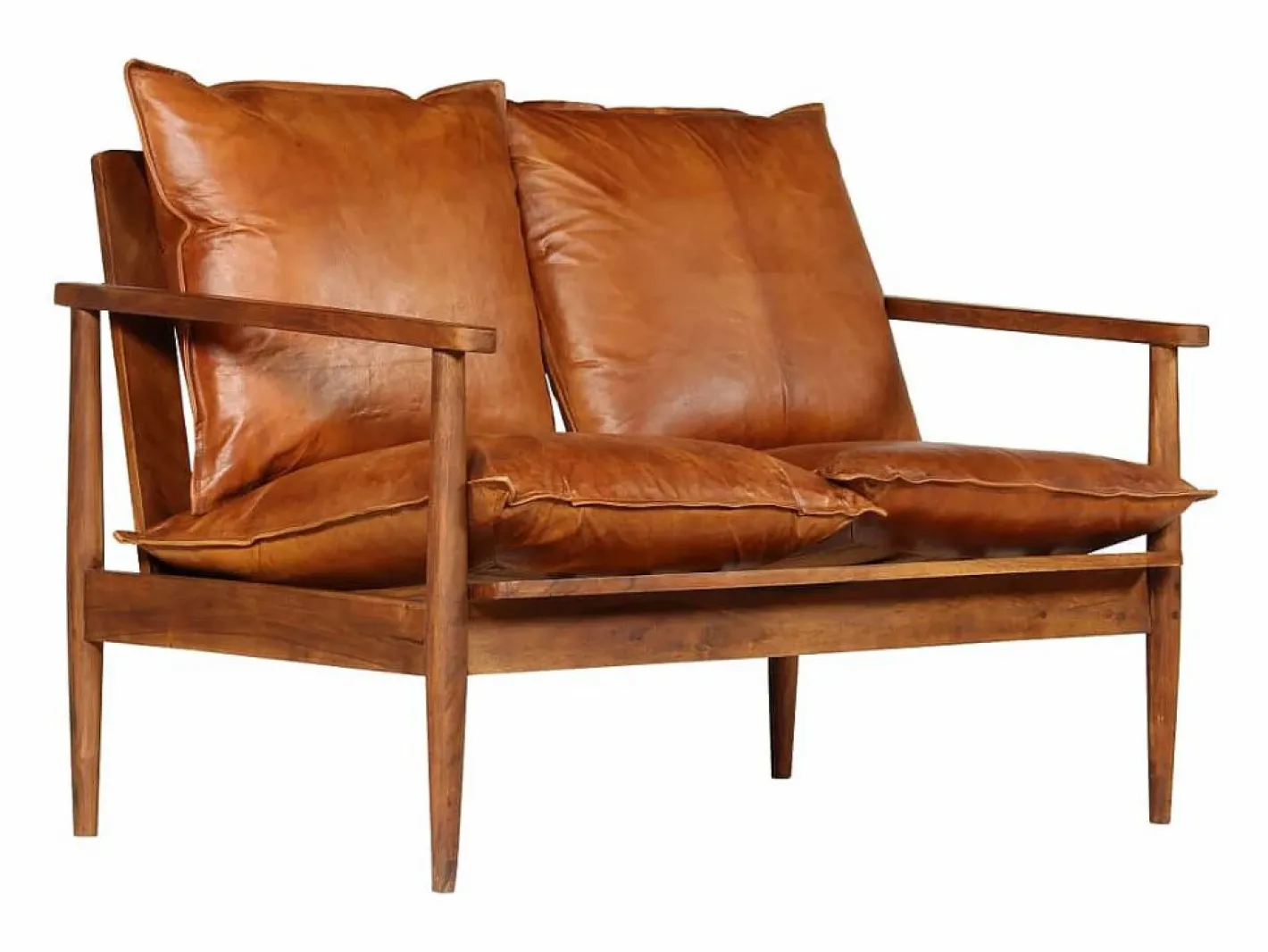Clicnbuy Sofá Vintage|Sofá De Piel|Sofá de 2 plazas cuero auténtico con madera de acacia marrón