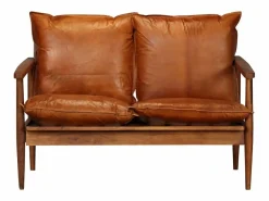 Clicnbuy Sofá Vintage|Sofá De Piel|Sofá de 2 plazas cuero auténtico con madera de acacia marrón