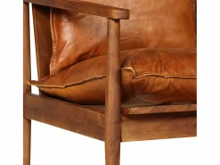 Clicnbuy Sofá Vintage|Sofá De Piel|Sofá de 2 plazas cuero auténtico con madera de acacia marrón