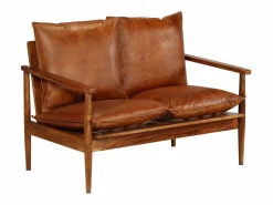 Clicnbuy Sofá Vintage|Sofá De Piel|Sofá de 2 plazas cuero auténtico con madera de acacia marrón