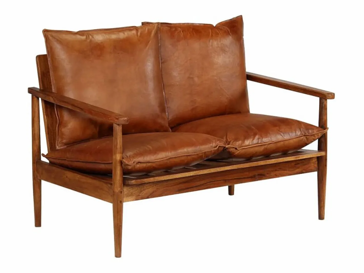 Clicnbuy Sofá Vintage|Sofá De Piel|Sofá de 2 plazas cuero auténtico con madera de acacia marrón