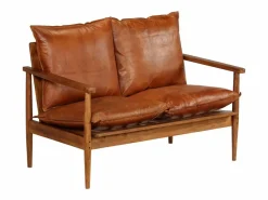 Clicnbuy Sofá Vintage|Sofá De Piel|Sofá de 2 plazas cuero auténtico con madera de acacia marrón