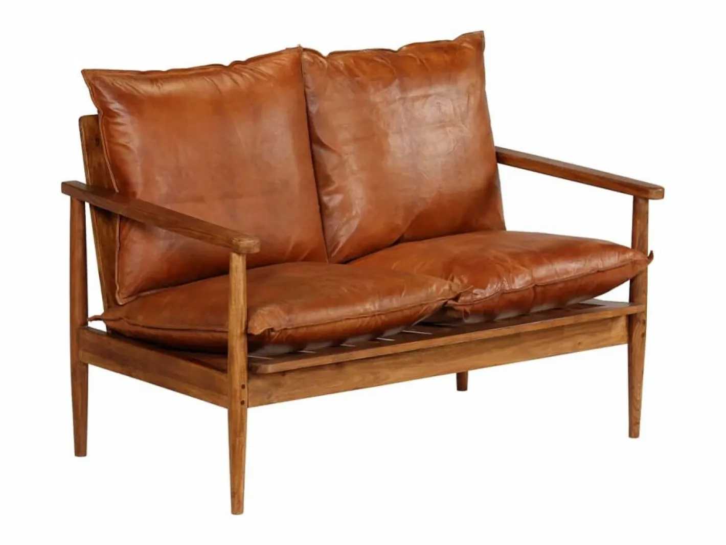 Clicnbuy Sofá Vintage|Sofá De Piel|Sofá de 2 plazas cuero auténtico con madera de acacia marrón