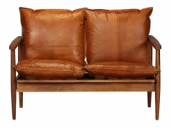 Sofá de 2 plazas cuero auténtico con madera de acacia marrón^vidaxl Clearance