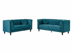 Vente-unique Conjunto Sofás|Sofá de 3+2 plazas de terciopelo verde azulado . Sofá capitoné con 2 cojines decorativos adicionales. Medidas: Ancho 190 x Prof. 77 x Alt. 79 cm. TURNER