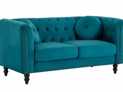 Vente-unique Conjunto Sofás|Sofá de 3+2 plazas de terciopelo verde azulado . Sofá capitoné con 2 cojines decorativos adicionales. Medidas: Ancho 190 x Prof. 77 x Alt. 79 cm. TURNER
