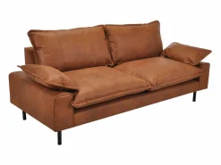 Miliboo Sofá Vintage|Sofá De Piel|Sofá de 3 plazas en piel con aspecto envejecido marrón coñac y metal negro DORY