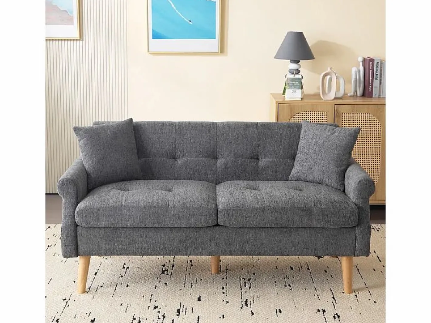 DripeX Sofás Club|Sofá de 2 plazas en tejido Chenille - con 2 almohadas - reposabrazos acolchados - 20 cm pies de madera sólida -162x74x77cm