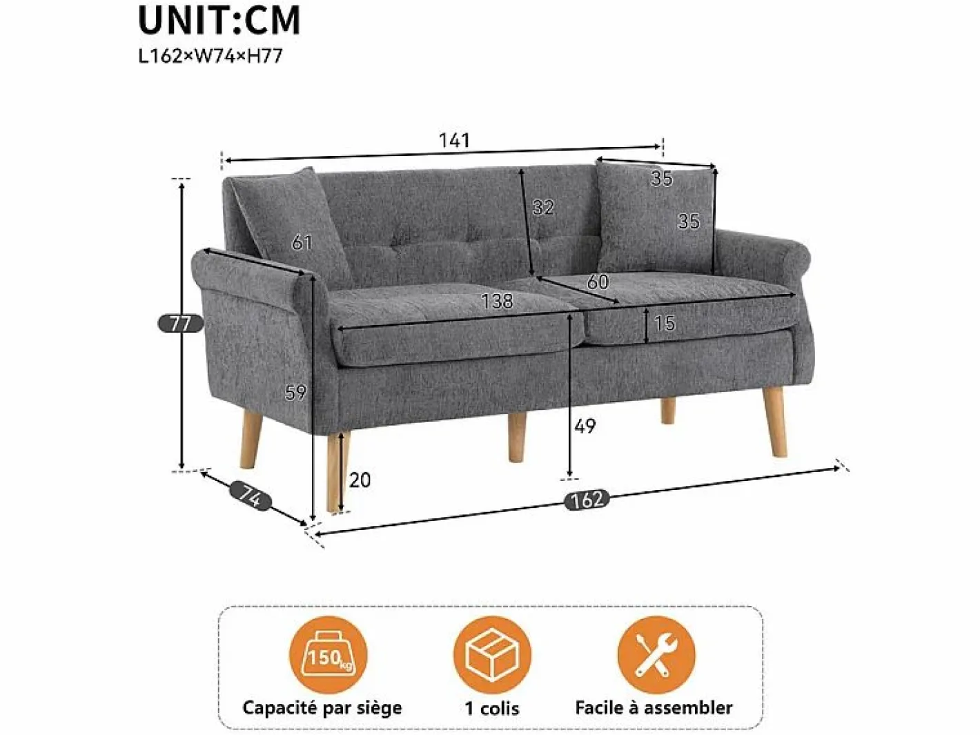 DripeX Sofás Club|Sofá de 2 plazas en tejido Chenille - con 2 almohadas - reposabrazos acolchados - 20 cm pies de madera sólida -162x74x77cm