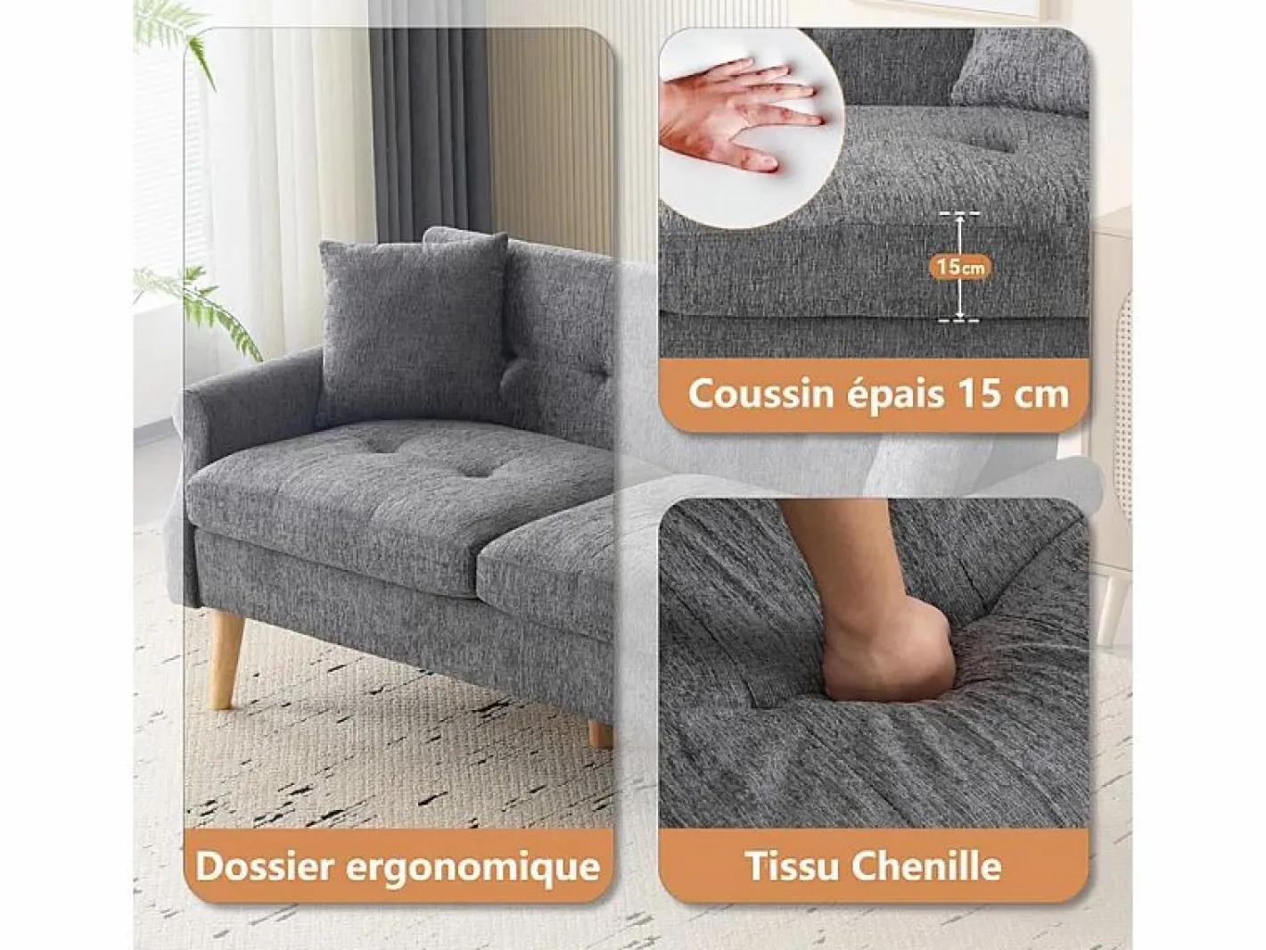 DripeX Sofás Club|Sofá de 2 plazas en tejido Chenille - con 2 almohadas - reposabrazos acolchados - 20 cm pies de madera sólida -162x74x77cm
