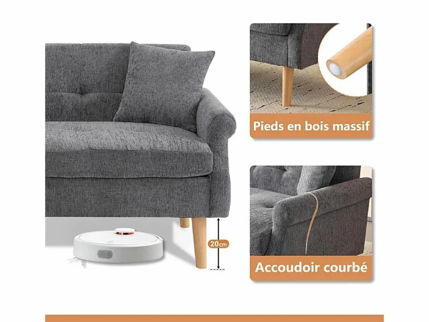 DripeX Sofás Club|Sofá de 2 plazas en tejido Chenille - con 2 almohadas - reposabrazos acolchados - 20 cm pies de madera sólida -162x74x77cm
