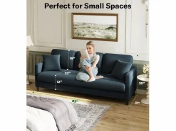 DripeX Sofá de 3 plazas en terciopelo de peluche, comodidad de sofá derecha grande en madera maciza, envejecimiento con reposabrazos, 210 x 79 x 89 cm, -gris Azul New