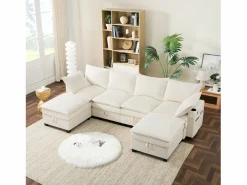 OKWISH Sofá de 4 plazas, sofá esquinero con espacio de almacenamiento, portavasos y puerto USB - Pana Beige Discount