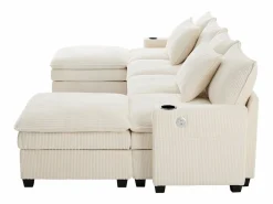 OKWISH Sofá de 4 plazas, sofá esquinero con espacio de almacenamiento, portavasos y puerto USB - Pana Beige Discount