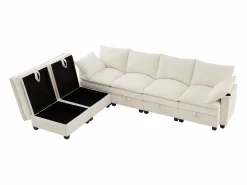 OKWISH Sofá de 4 plazas, sofá esquinero con espacio de almacenamiento, portavasos y puerto USB - Pana Beige Discount